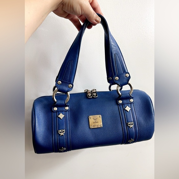 MCM Blue Leather Logo Boston Bag 12” x 7” Excellent Condition!! - Picture 5 of 12